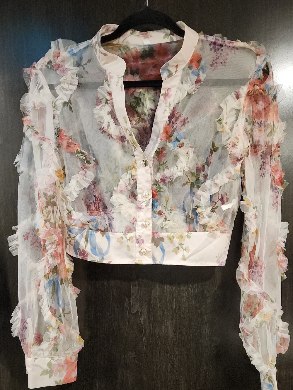 SHEIN Sheer Floral Ruffle Crop Blouse - White with Pink, Blue, Green